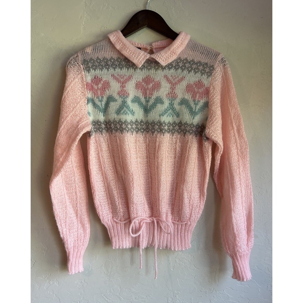 Vintage Mademoiselle Pullover Sweater S Floral 80s‎ Collared Baby Pink S